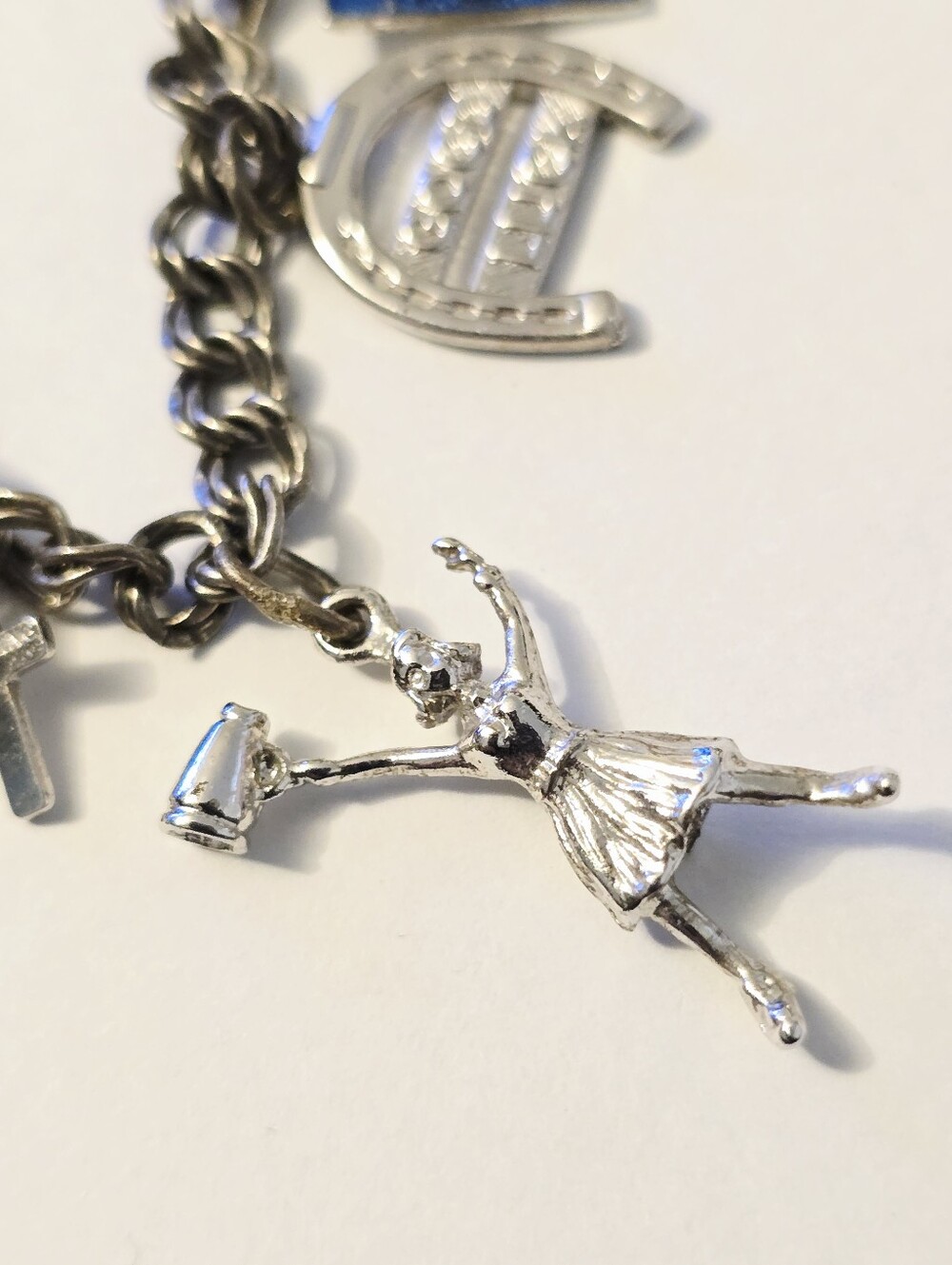 Vintage sterling silver Dbl Link charm bracelet Cheerleader Skate Board Colorado